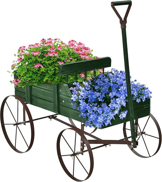 Goplus Wagon Planter, Decorative Wooden Garden Planter with Wheels, 2 Planting Sections and Adjustable Handle, Indoor Outdoor Backyard Balcony Decor (Green)