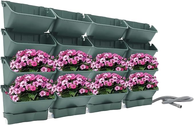 Wall-Mounted Vertical Garden Planter Set – 24 Self-Watering Planters with Drainage Pipe, Stackable Wall Planters for Indoor & Outdoor Use (Green, 16PCS)