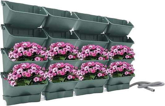 Wall-Mounted Vertical Garden Planter Set – 24 Self-Watering Planters with Drainage Pipe, Stackable Wall Planters for Indoor & Outdoor Use (Green, 16PCS)