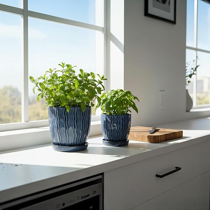 Ceramic Planter, 4.5+5.5 Inch Small Plant Pots, Flower Pots Indoor Planters with Drainage and Tray, Pot for Indoor Plants - Succulents, Snake Plant, Cactus, Aloe Vera, Herb for Home Decor(Glaze Blue)