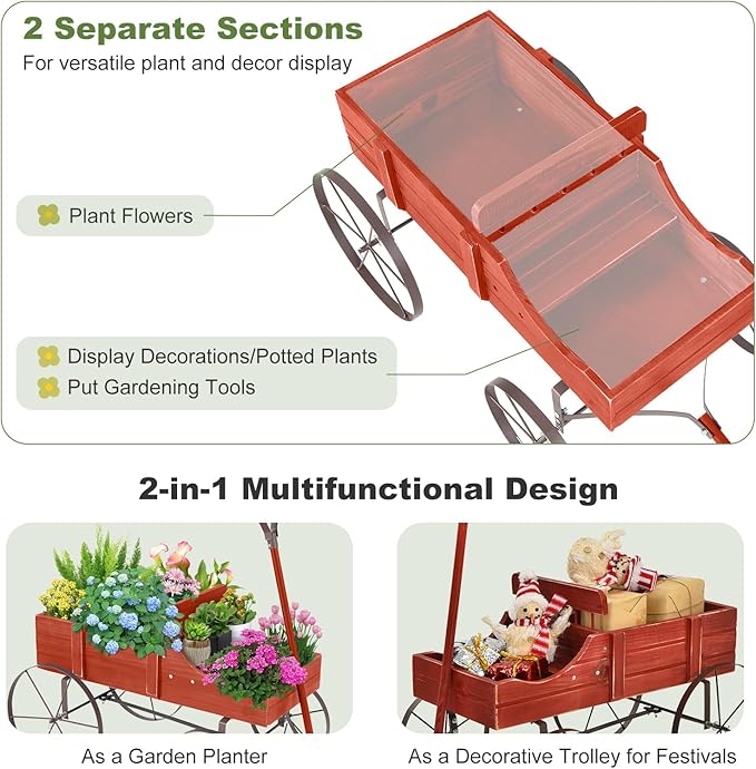 Wooden Wagon Planter, Decorative Garden Wheelbarrow Planter with 2 Planting Sections, Rolling Wheels, Adjustable Handle, Small Wagon Cart Planter Stand for Flowers Vegetables Herbs (Red)