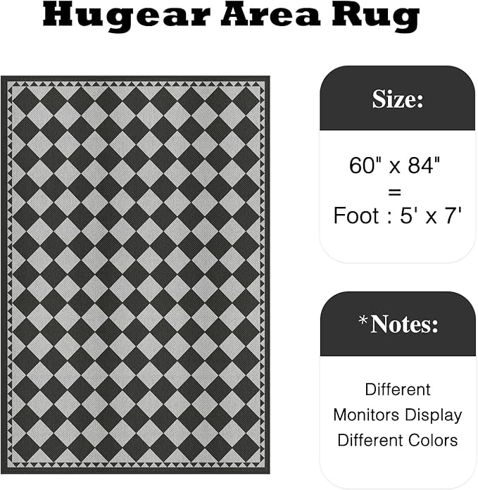 HUGEAR 5x7 Outdoor Rug Black/Grey Linen-Look Fabric Checkered Area Rug High Traffic Stain Resistant Easy Clean Durable Rugs for Indoor/Outdoor Patio Deck Balcony Porch Garden Courtyard