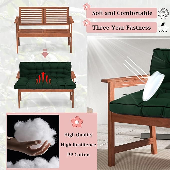 2-3 Seat Swing Replacement Cushion, Outdoor Bench Cushions with Backrest Thicken 4", Patio Furniture Garden Porch Loveseat Glider Pad Anti-Fading Waterproof (Dark Green, 40x63in-thicken)