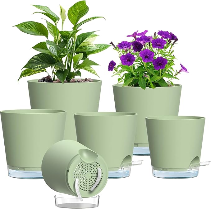 Self Watering Pots Pack of 6 – Different Size 4" to 7" Indoor Plant Pots with Drainage Holes and Clear Reservoir for Visible Water Level, Plastic Wicking Planters for House Plants, Green