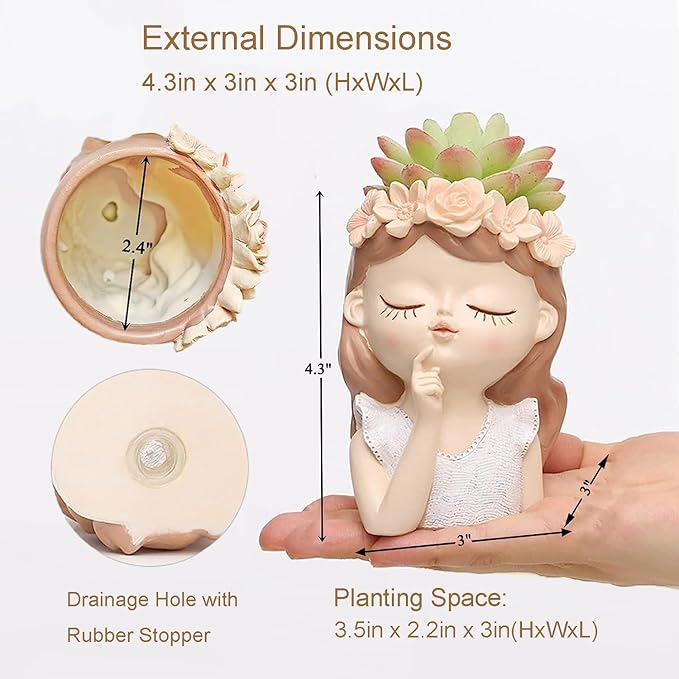 Small Cute Girl face Succulent pots with Drainage Hole Fairy Garden pots Gifts idea for Plants Lovers Decorative Flower Pot Head Planter for Indoor Plants Tiny Cactus Container