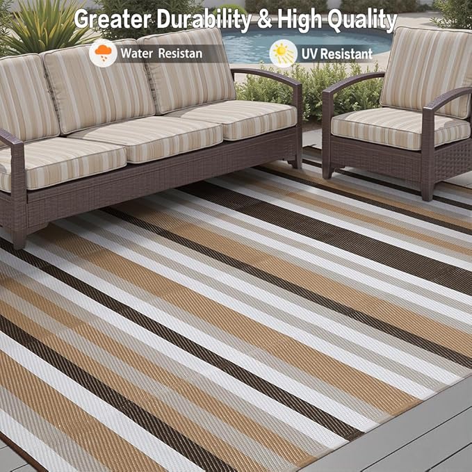 HUGEAR Outdoor Waterproof Rug 6'x9' Plastic Straw Rugs Washable Reversible Floor Mat Brown Stripe Carpet for Camping RV Deck Entryance Porch Picnic Balcony Beach Backyard