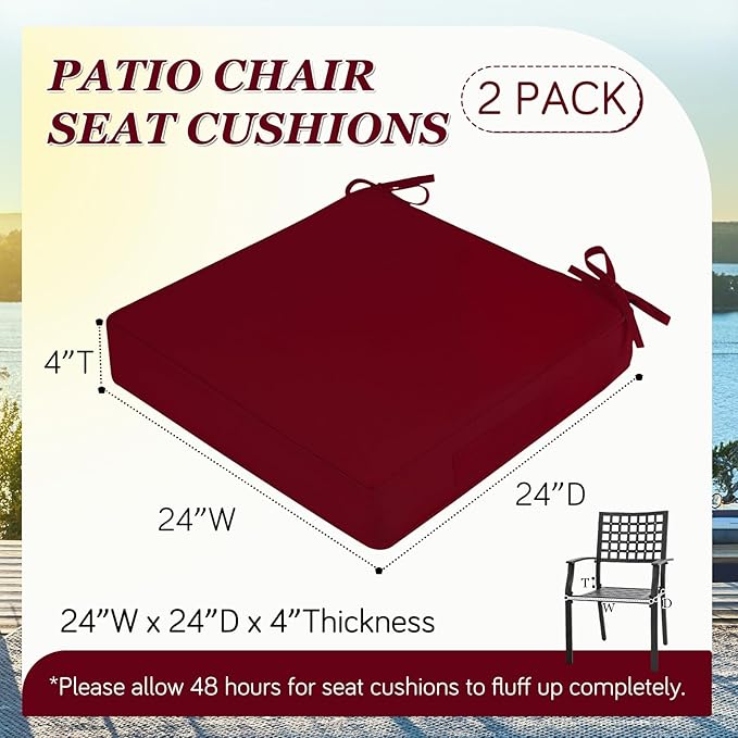 Waterproof Outdoor Chair Cushions Set of 2, Square Outdoor Seat Cushions with Ties and Removable Covers, 24 x 24 Outdoor Cushions for Patio Furniture with Portable Handle(Burgundy)