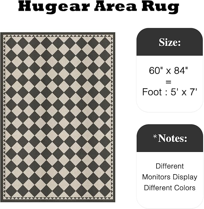 HUGEAR 5x7 Outdoor Rug Black/Beige Linen-Look Fabric Checkered Area Rug High Traffic Stain Resistant Easy Clean Durable Rugs for Indoor/Outdoor Patio Deck Balcony Porch Garden Courtyard