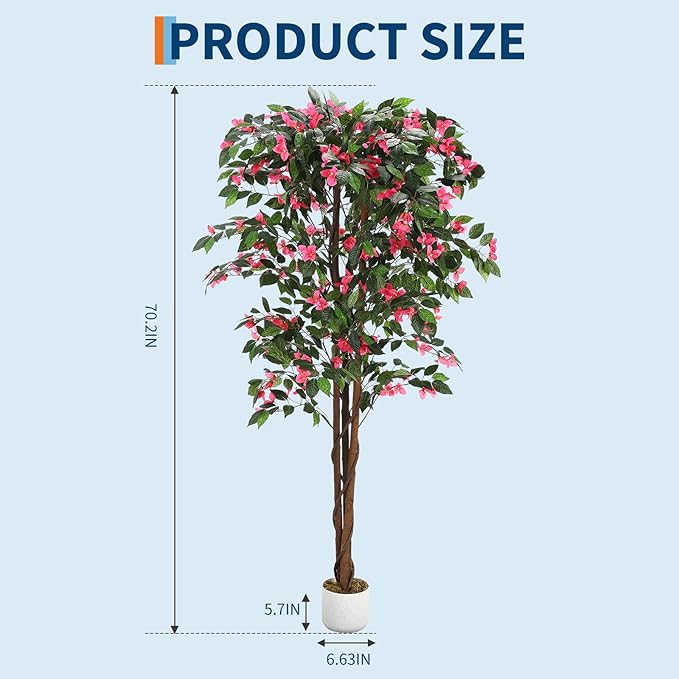 6FT Artificial Bougainvillea Tree, Faux Silk Bougainvillea Plant in Pot, Indoor Outdoor Decor, Potted Faux Flower Tree for Home Office Garden Living Room