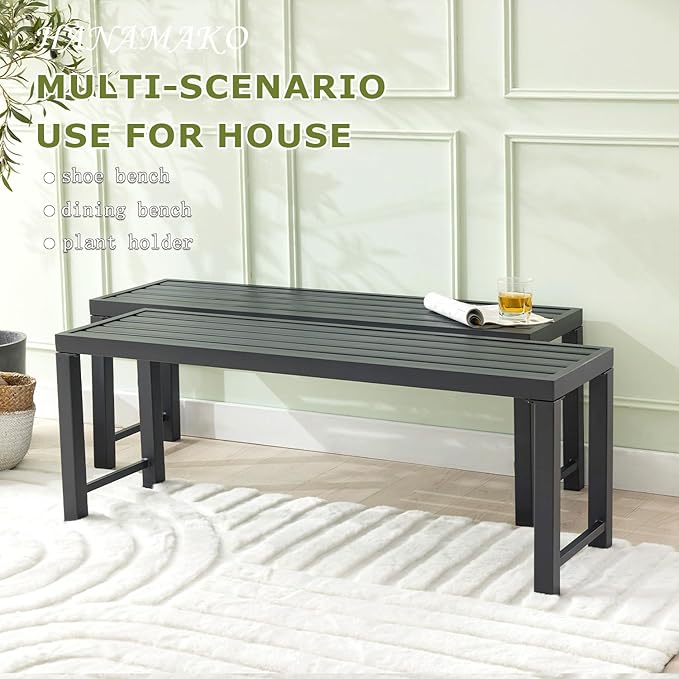 Outdoor Metal Backless Bench, Set of 2,Weatherproof Patio Bench with Slatted Seat, All-Weather Garden Bench for Porch, Patio, Lawn and Backyard, Grey
