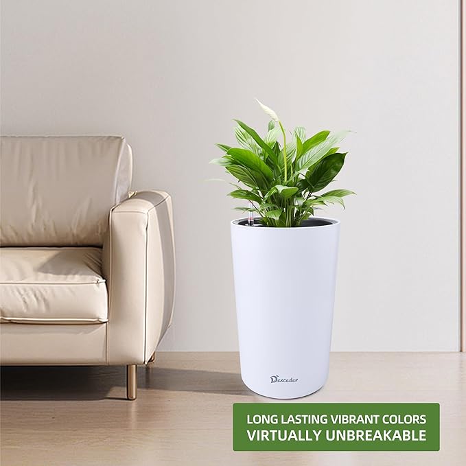 Dexceder 16x12 Tall Self Watering Planter High Cylinder Indoor Outdoor, Thickened Large Floor Standing Flower Plant Pot with Water Level Indicator (White Matte)