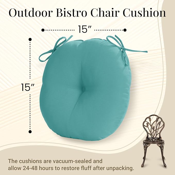 downluxe Bistro Chair Cushions for Patio Furniture, Water-Resistant Round Outdoor Chair Cushions Set of 2 with Non-Slip Ties, 15" x 15", Teal