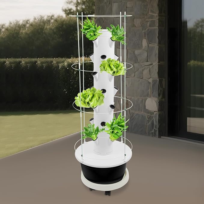 Hydroponic Growing Tower with Climbing Trellis, 30L Water Tank & Automatic Timer, Indoor Outdoor Vertical Garden System for Vegetables Herbs Strawberries (Black - 28 Holes)