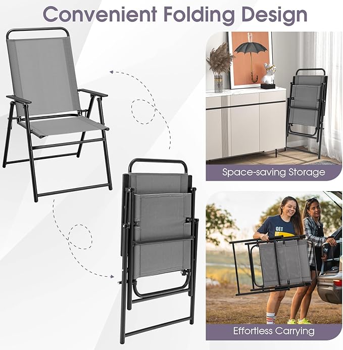 Giantex Patio Chairs Set of 2, Outdoor Folding Chairs with Armrests, Metal Frame, Outside Foldable Dining Chairs for Lawn Deck Porch Beach Yard (Gray & Black)