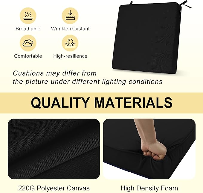 downluxe Waterproof Outdoor Chair Cushions for Patio Furniture, 18" x 18" x 2" Patio Chair Cushion with Adjustable Ties & Portable Handle, Square Outdoor Cushion with Removable Cover, Black, 2 Pack
