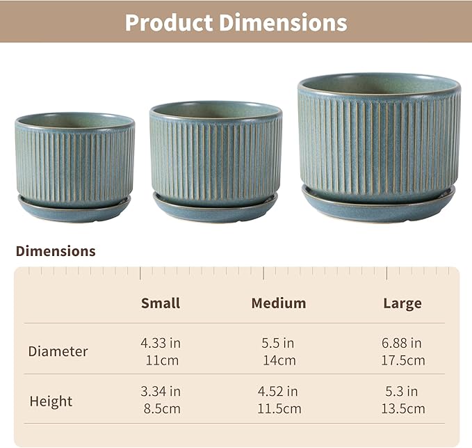 Green Ceramic Plant Pots Set of 3, 4.3+5.5+6.7 Inch Indoor Flower Pots with Drainage Hole & Saucer & Hole Mesh Pads, Striped Decorative Planter Set for Indoor Plants, Gardening Pots & Accessories