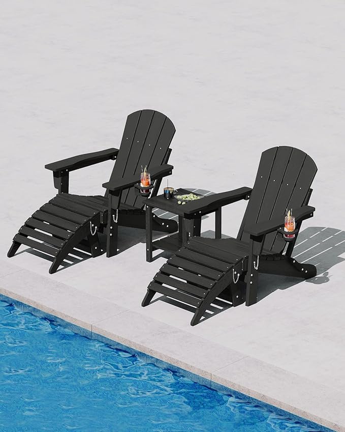 Folding Adirondack Chair Set of 5, All-Weather HDPE Outdoor Chair, Wooden Textured with Cup Holder for patios, Decks, Gardens, fire pits, Black