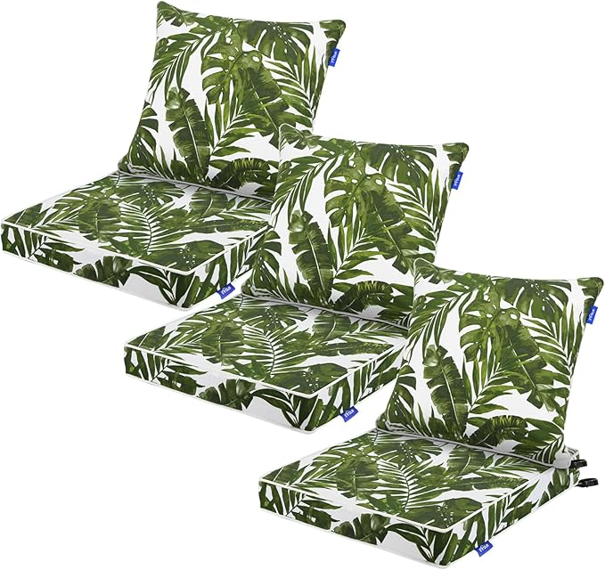 Deep Seat Cushions, Outdoor Cushions, Patio Furniture Cushions, Deep Seat & Back Cushion Patio Cushions for Backyard Couch Sofa Fade Resistant (24x24x4 inches 3 Sets, Green Leaves)