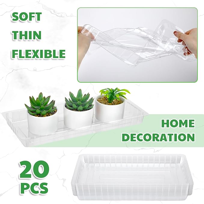 20 Pcs Clear Plastic Plant Saucer Rectangular Plant Drip Trays Transparent Thick Heavy Duty Plastic Liners for Planters for Indoors Outdoors Flower Pots Window Sills Window Shelf, 14" x 6"