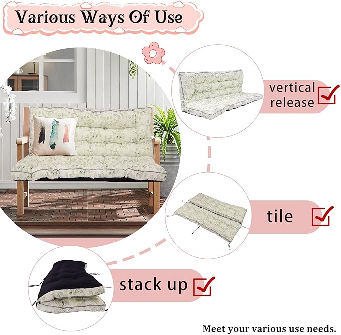 2-3 Seat Swing Replacement Cushion, Outdoor Bench Cushions with Backrest Thicken 4", Patio Furniture Garden Porch Loveseat Glider Pad Anti-Fading Waterproof (White Leaf, 40x63in-thicken)