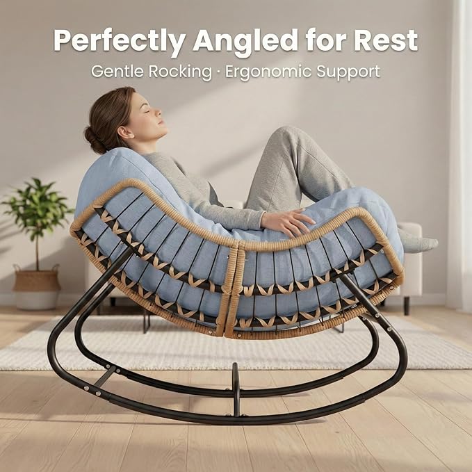 SWITTE Outdoor Rocking Chair, Oversized Patio Papasan Rocker, Comfy Wicker Reading Lounge, Indoor Egg Chair for Bedroom, Living Room, Porch, Garden, Lawn-Light Blue