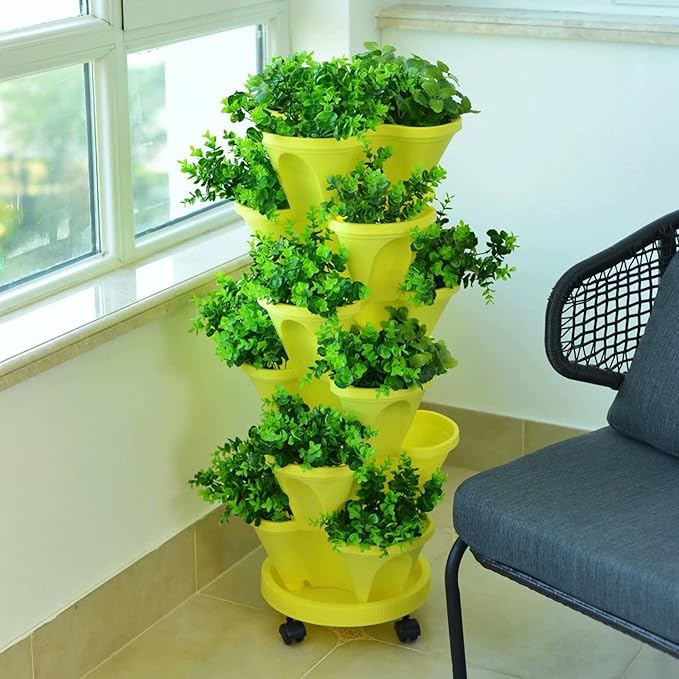 Tier Stackable Strawberry, Stacking Flower Pot Tower Herb, Flower, & Vegetable Planter-Vertical Gardening Indoor/Outdoor Stacking Garden Pots,Yellow