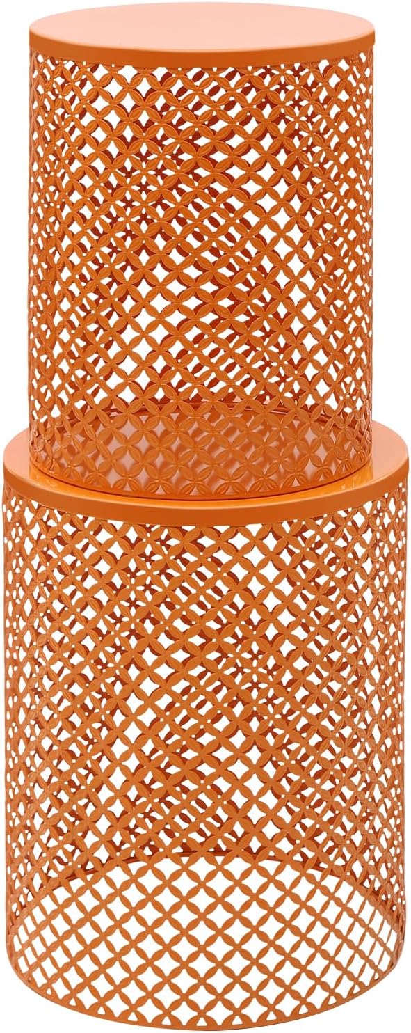2PCS Outdoor Side Table, Heavy Duty Metal Frame Side Table Decorative Garden Stool Modern End Table Round Coffee Table for Patio Gardens Balconies Cafes (Orange)