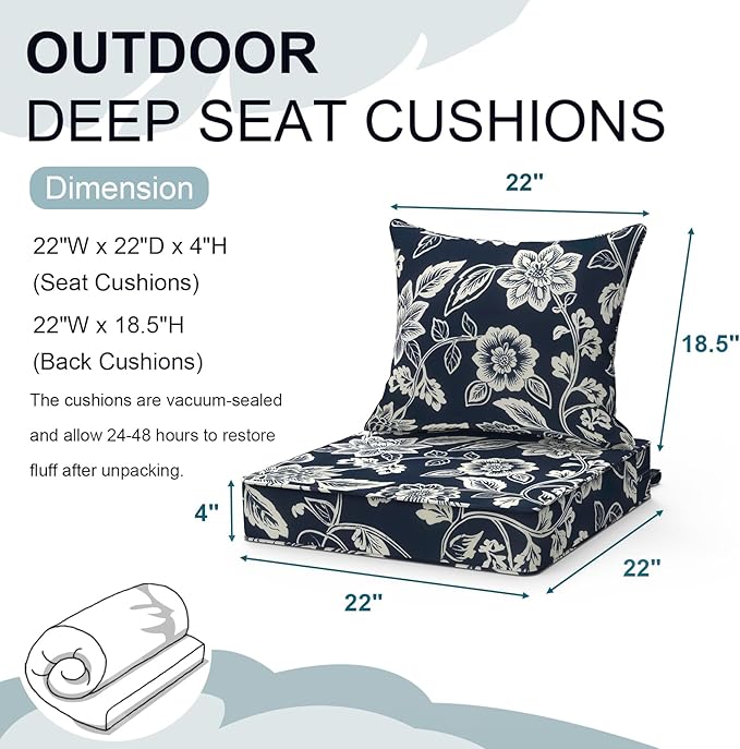 Outdoor Deep Seat Cushion Set, Water Repellent 22"x22" Patio Thick Cushions Replacement with Seat & Back Pillow for Patio Sofa, Wicker Chair, Couch - Vines Navy