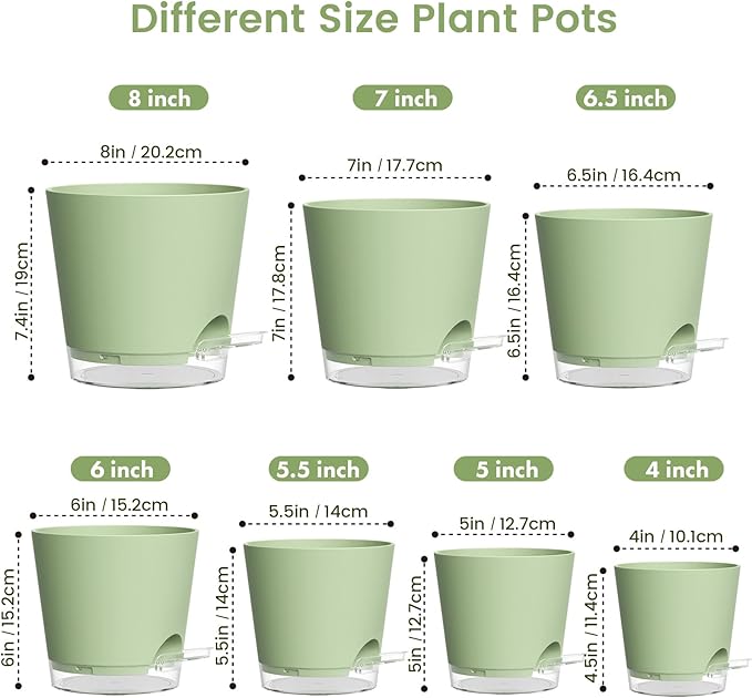 Self Watering Pots Set of 7 – Assorted Size 4" to 8" Indoor Plant Pots with Drainage Holes and Clear Reservoir for Visible Water Level, Plastic Wicking Planter for House Plants & Flower, Green