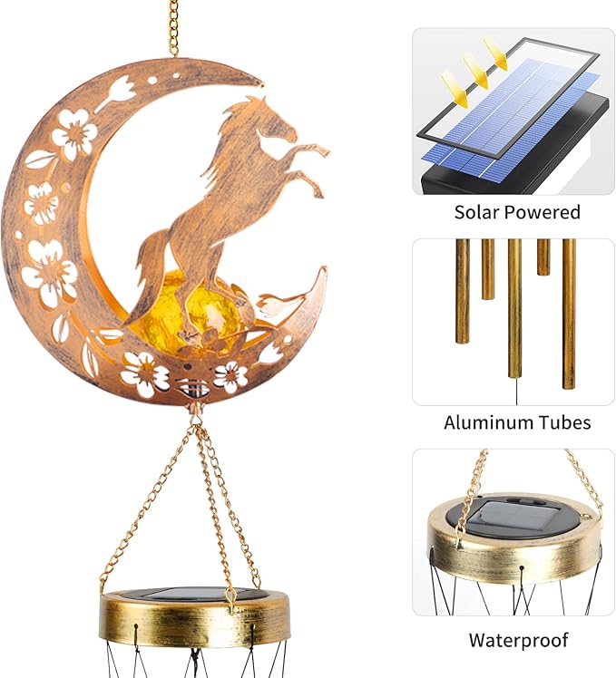 Solar Horse Wind Chimes - Unique Moon Hummingbird Design, for Mothers, Grandmothers, Sisters, Friends and Girls on Birthdays, Christmas, Thanksgiving and Mother's Day