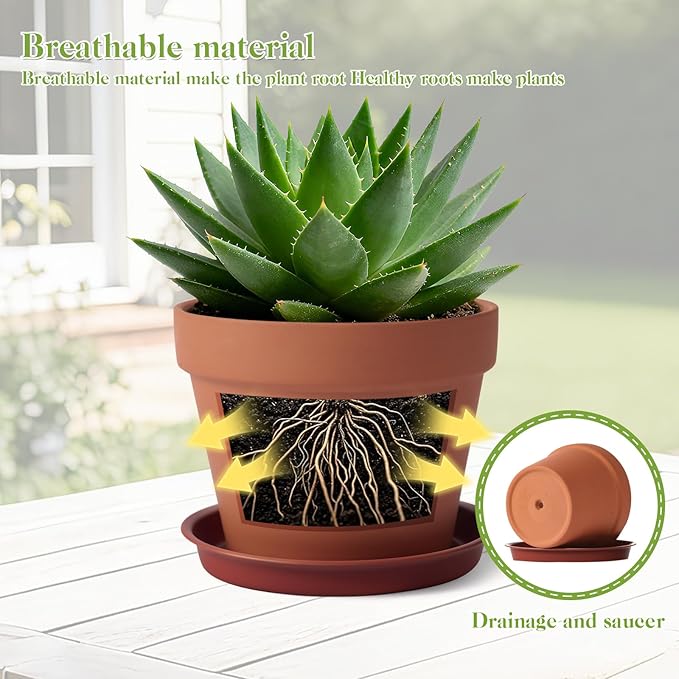 6 PCS Clay pots and Plates, 5-inch red Clay pots with Drainage, Perfect for Indoor, windowsill, and Garden Plants
