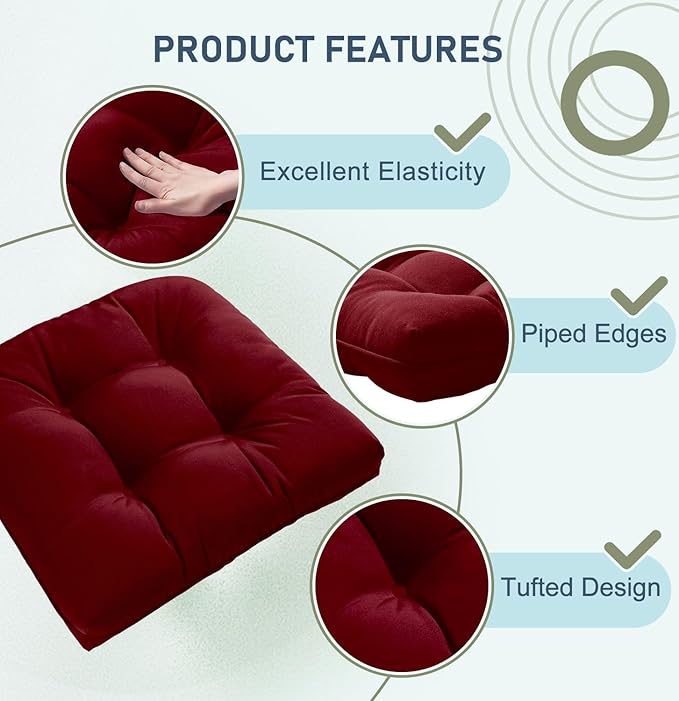 downluxe Outdoor Chair Cushions Set of 2 for Patio Furniture, Waterproof Tufted Overstuffed Patio Furniture Cushions, Thick Outdoor Seat Cushion, 19" X 19" X 5", Burgundy