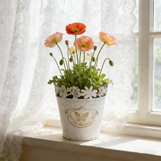 Set of 3 Vintage French Country Planters, Distressed White Metal Flower Pots with Lace Cutout Rim, Le Jardin Embossed Plant Pots for Succulents, Herbs, Indoor Outdoor Home Garden Decor