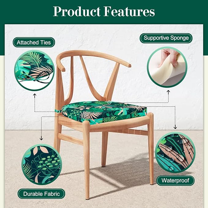 Cozyide Outdoor Chair Cushions, Waterproof Patio Seat Cushions with Adjustable Straps, Round Corner Patio Chair Cushions for Garden, Green Leaf, 17x16x2 Inch (Pack of 2)