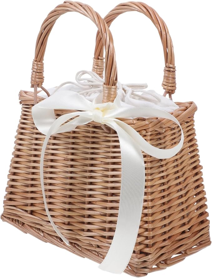 Baluue Rattan Woven Small Bag with Handle Decorative Flower Basket for Wedding Home and Garden Storage Portable Lightweight Wicker Purse 10.82X9.05X5.11 Inches