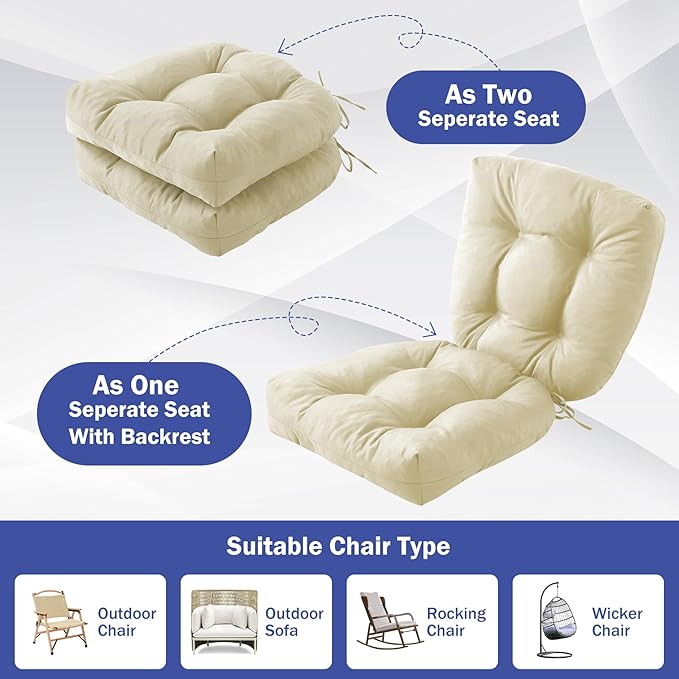 Outdoor Chair Cushions Set of 2, Patio Chair Cushions with Ties, 17x17+4” Tufted Outdoor Seat Cushions, Waterproof Patio Furniture Cushions, Outdoor Dining Chair Pads, Beige (Pack of 2)