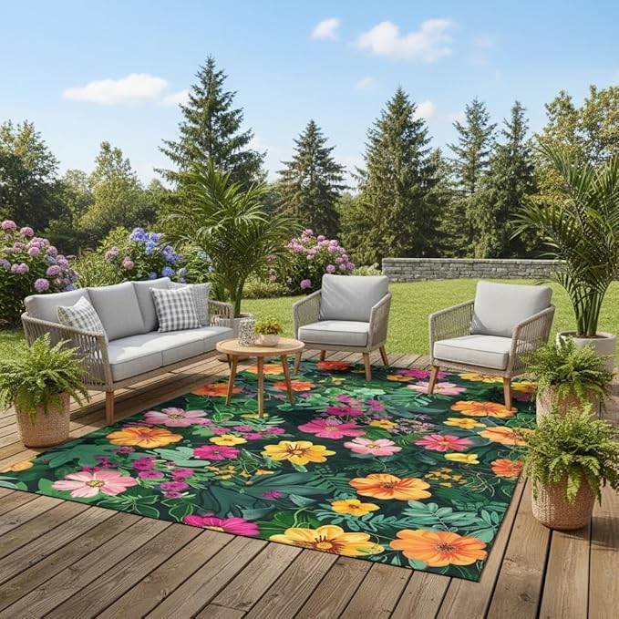 Botanical Floral Outdoor Rug 7x10 Dark Green Orange Pink Flower Texture Rugs for Patio Deck Porch Balcony Camping Waterproof Non Slip Garden Large Carpet Stain Resistant Washable Flowers Outside Mat
