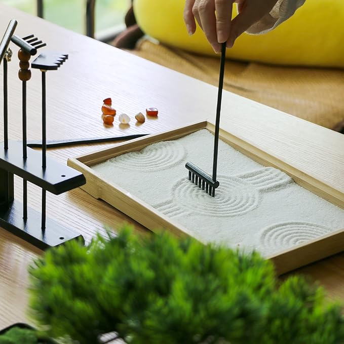 Mini Zen Garden Rake Set - 12 Piece Black Bamboo Sand Rakes with Storage Stand & 6 Crystals - Desktop Meditation Tools for Adults, Stress Relief Zen Gift