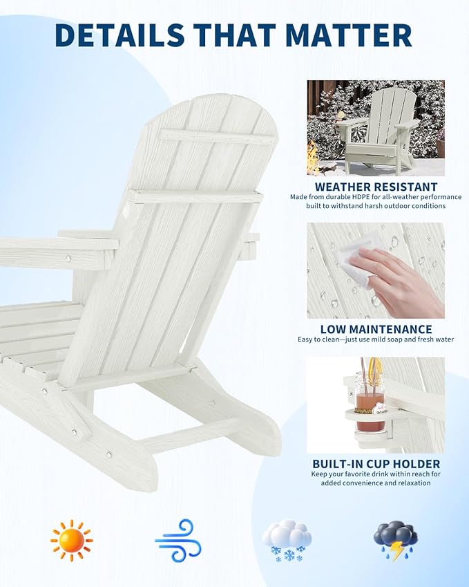 Folding Adirondack Chair Set of 5, All-Weather HDPE Outdoor Chair, Wooden Textured with Cup Holder for patios, Decks, Gardens, fire pits, White