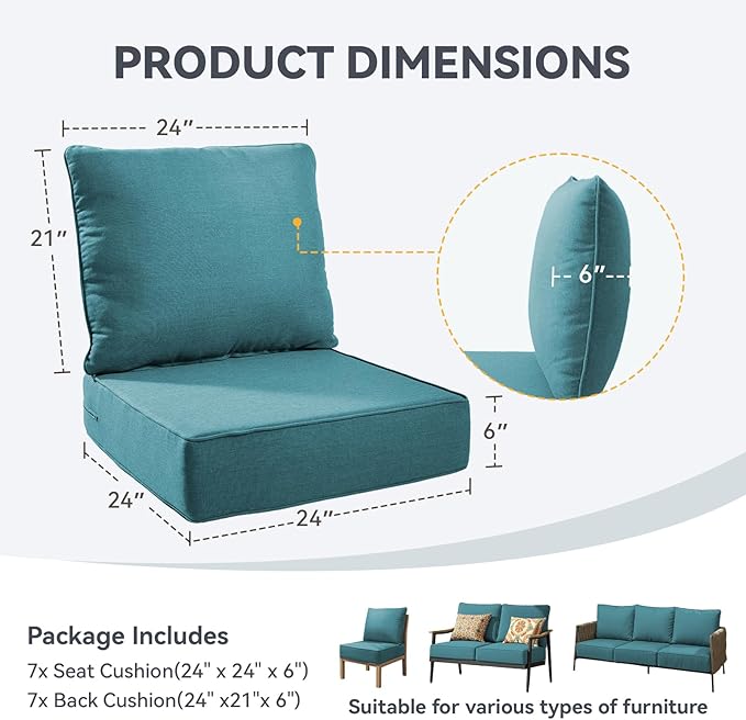 Outdoor Cushion Set for Furniture Patio Furniture, UV Resistant, Water Resistant - 6 Inch Thick Foam Garden Cushions– 24x24 Inch Patio Seat Covers for Chair/Sofa/Couch | Peacock Green | 7-Pack |