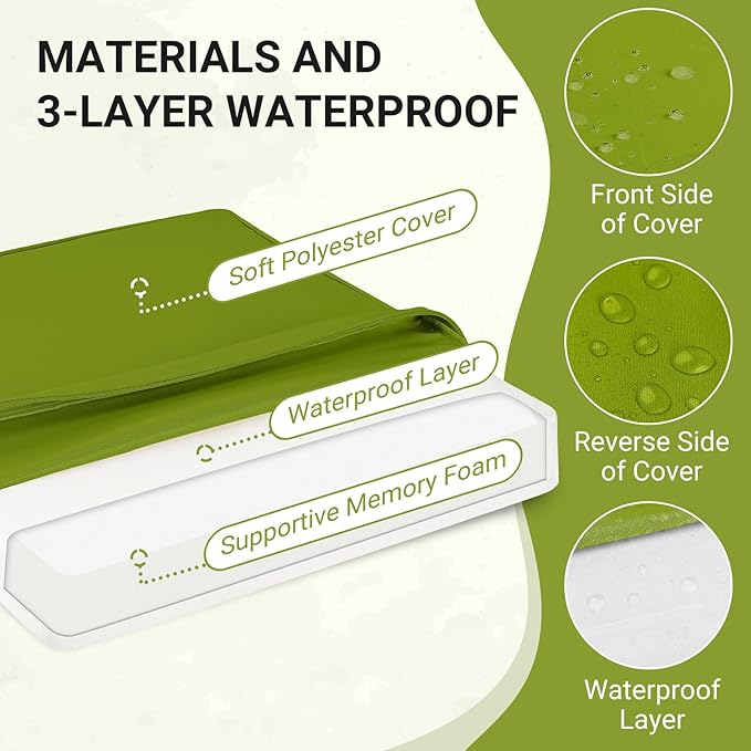 downluxe Waterproof Outdoor Chair Cushions Set of 2, 19" x 19" x 3" Patio Chair Cushion with Non-Slip Ties & Handle, Square Outdoor Cushion for Patio Furniture with Removable Cover, Grass Green