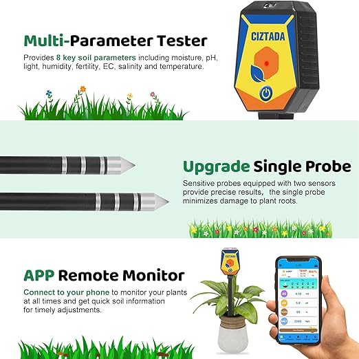 Smart Soil Moisture Meter pH Salinity Tester 8 in 1 Moisture pH Light Environment Humidity Fertility EC Salt Temp Soil Meter for Indoor/Outdoor Plants with App Monitor for Garden, Lawn, Farm