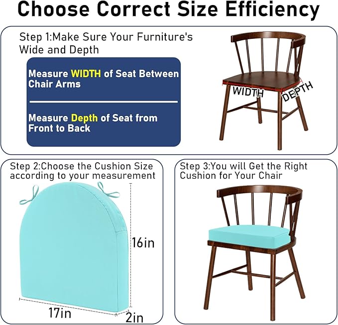 Topotdor Outdoor Chair Cushions Set of 4, 17"x16"x2" Waterproof Patio Chair Cushions for Outdoor Furniture, Round Corner Outdoor Seat Cushions Color Fastness Chair Pads with Ties, Teal