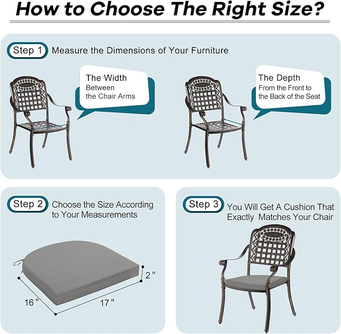 Basic Beyond Outdoor Chair Cushions Set of 4, Outdoor Cushions for Patio Furniture, Water Resistant Patio Chair Cushions with 2 Ties, 17x16x2, Light Grey