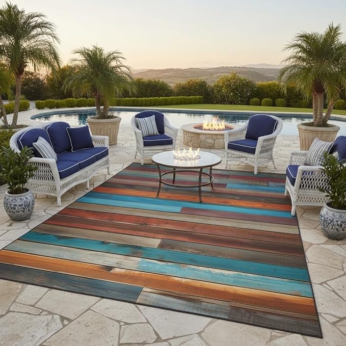 Vibrant Orange Blue Red Rustic Wood Grain Outdoor Rug 5x8 Waterproof Multicolor Wooden Board Print Farmhouse Area Rugs Non Skid Quick Dry Carpet for Patio Balcony Camping Porch Pool Deck Doormat