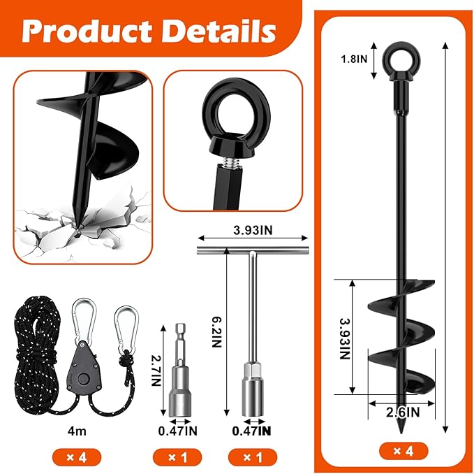 Shed Anchor Kit, 4 Pack 18" Screw in Tent Stakes Heavy Duty Kit, Earth Anchors Heavy Duty with 4 Strong Straps for High Winds, Spiral Trampoline Stakes for Tent Sheds Canopy Gazebo Swing Set (Black)