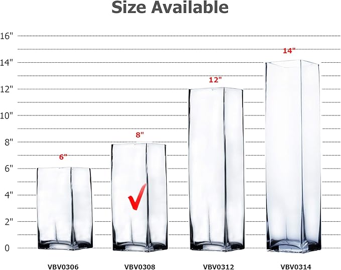 WGV Tall Square Vase Glass Block, Length 3", Height 8", Clear Bud Floral Container, Candle Holder, Planter Terrarium for Wedding Party Event, Home Office Decor, 1 Piece