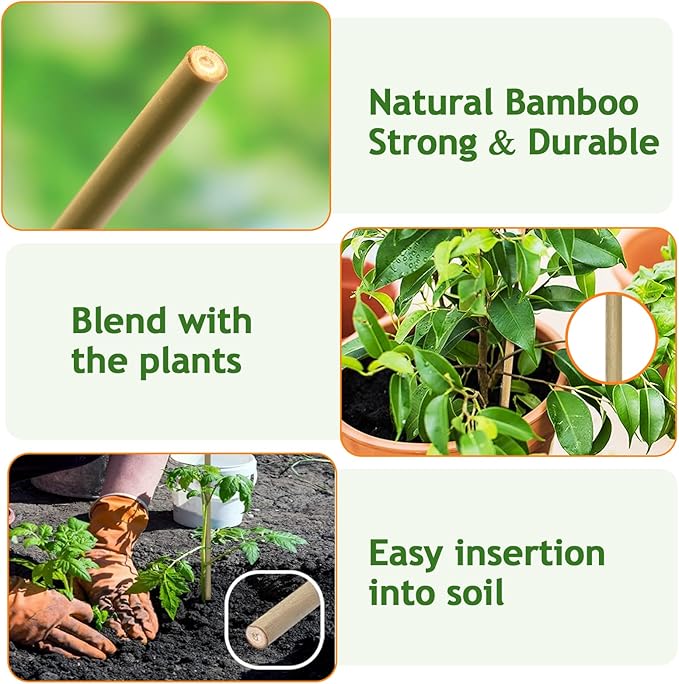20 Pack 16/18 Inch Natural Bamboo Stakes for Plants, Thick-Wall Garden Stakes with 20 Free Green Ties - Sturdy & Treated Plant Support Sticks for Indoor/Outdoor Potted Tomatoes, Vegetables (18 Inch)