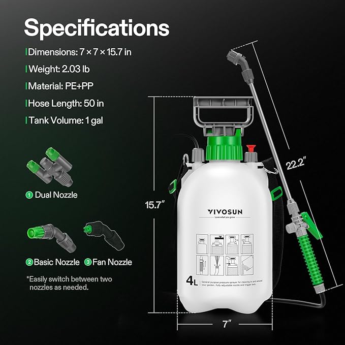 VIVOSUN 1 Gal/4L Pump Sprayer, Garden Water Sprayer for Plants, Weeds & Lawn Care, with 3 Nozzles, 50'' Long Hose & Pressure Relief Valve (Pack of 2)