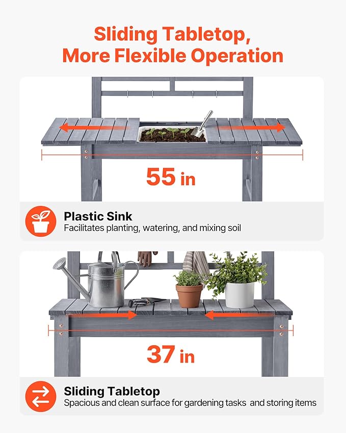 VEVOR Potting Bench Table, Outdoor Gardening Workstation with Sink, 37-55in Adjustable Wood Tabletop, Garden Work Station with Storage Shelves, Hooks for Patio, Backyard, Classic Grey